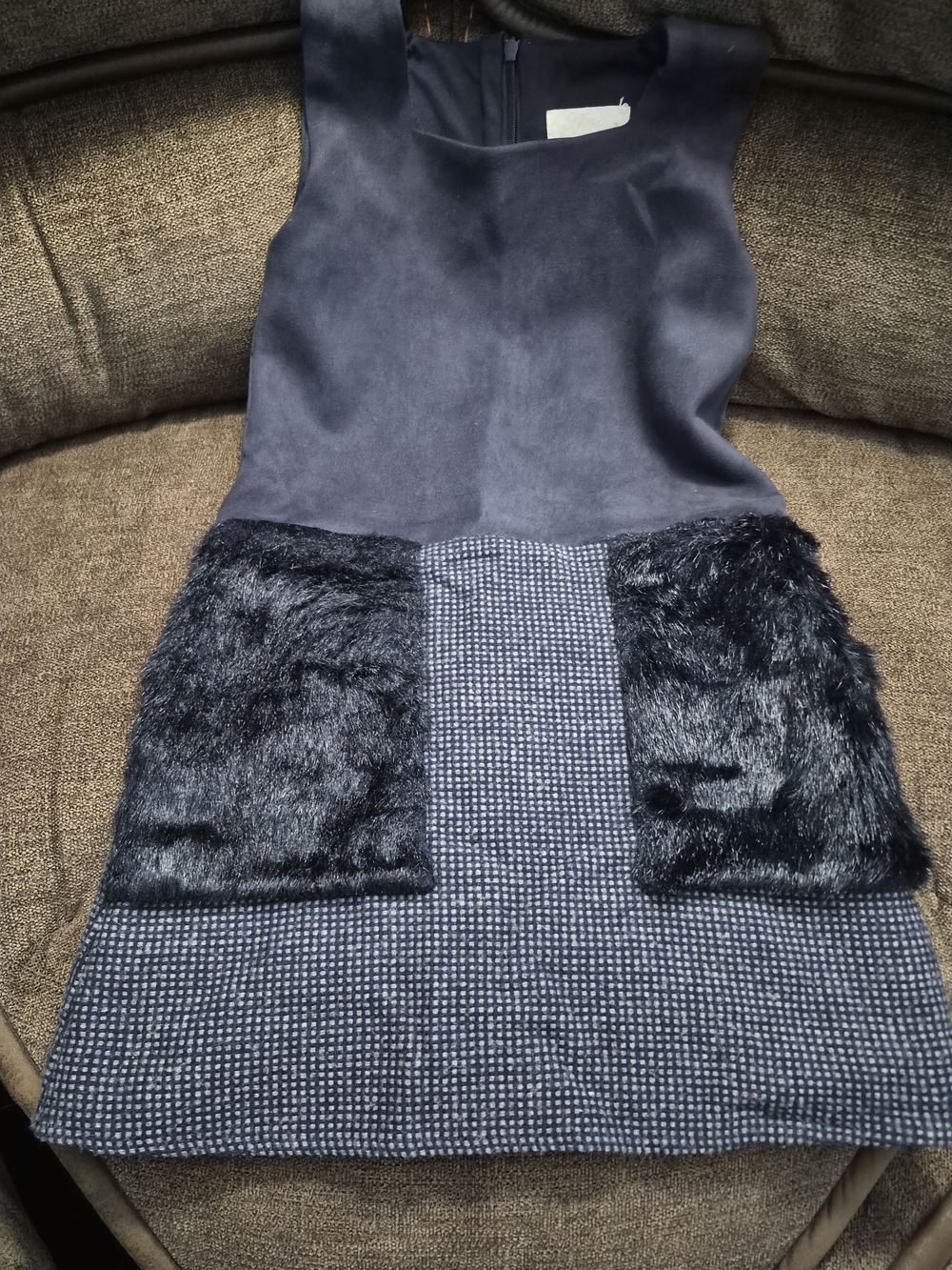 Aritzia Navy Textured Mini Dress with Faux Fur Pockets